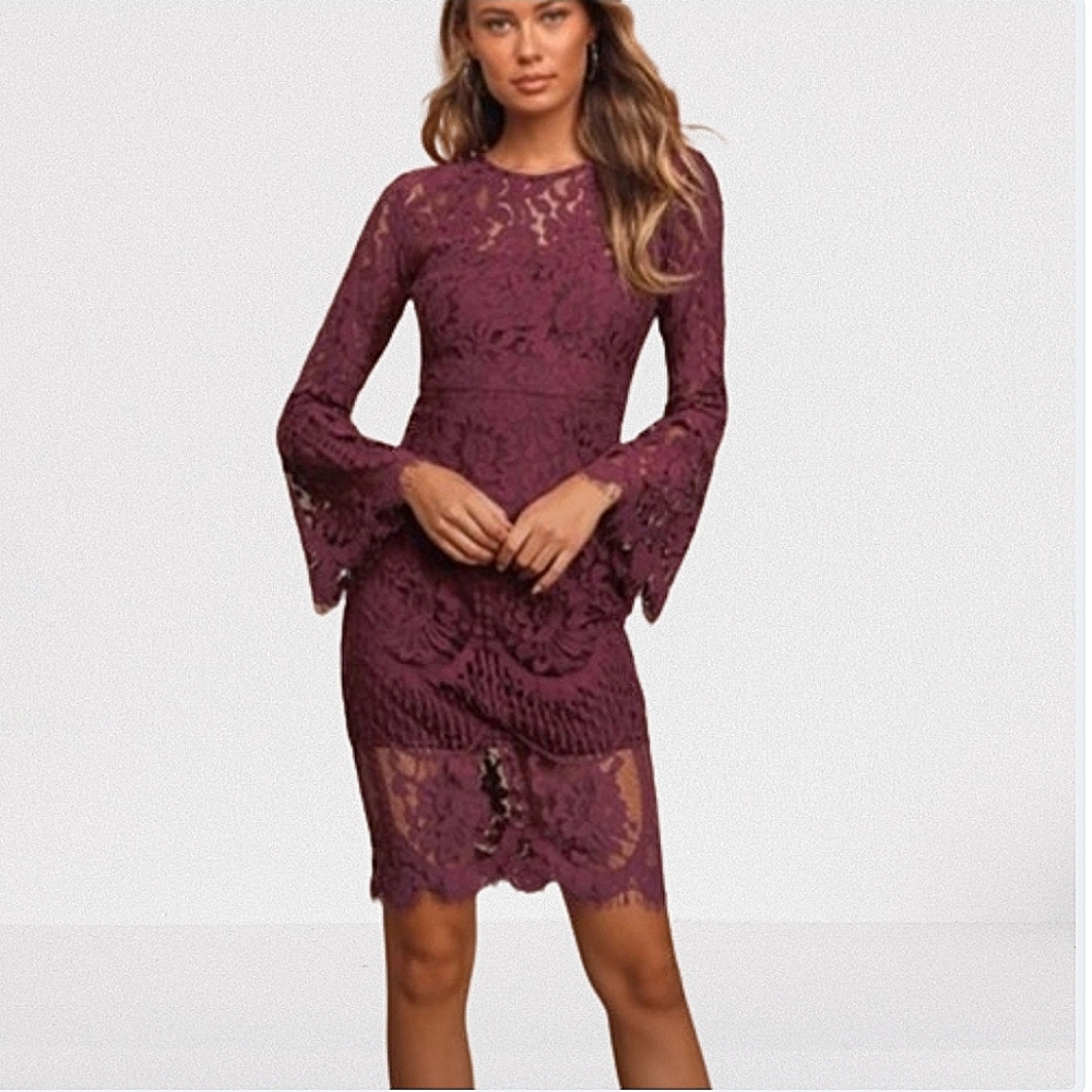 Lulus Enrapturing Elegance Plum Lace Long Sleeve Dress - NWOT - Brand New